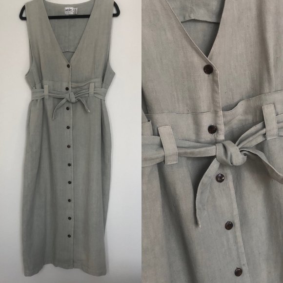 Kiko Dresses & Skirts - Kiko Laurel-Green Linen Jumper w/Tie+Button-Front